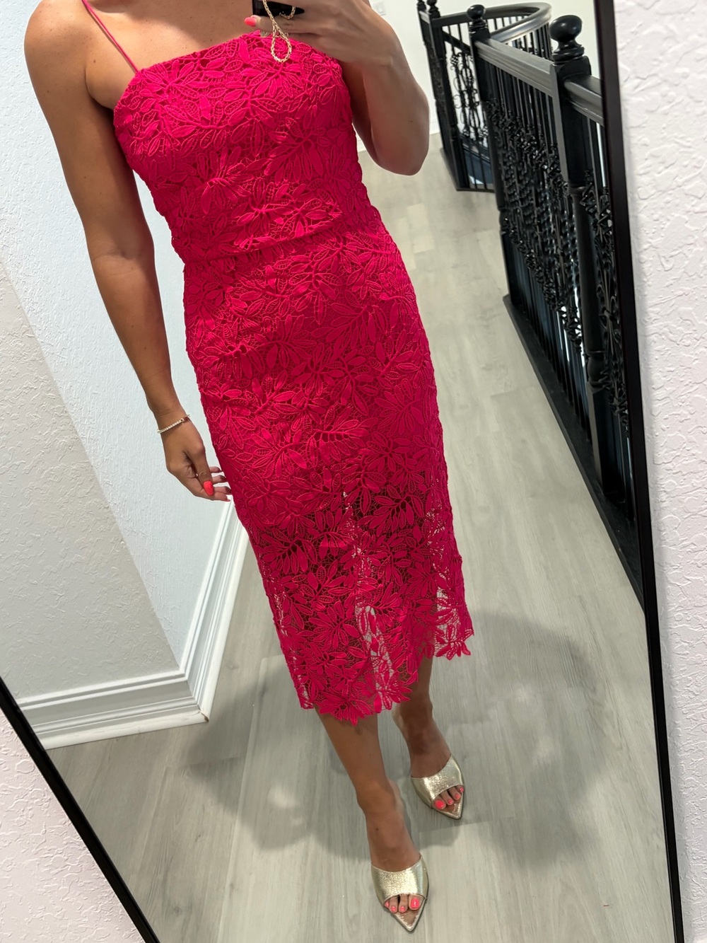 NSR Hot Pink Lace Spaghetti-Strap Midi Dress
